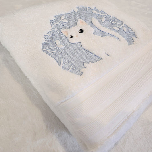 Cat Embroidered Bath Towel blue