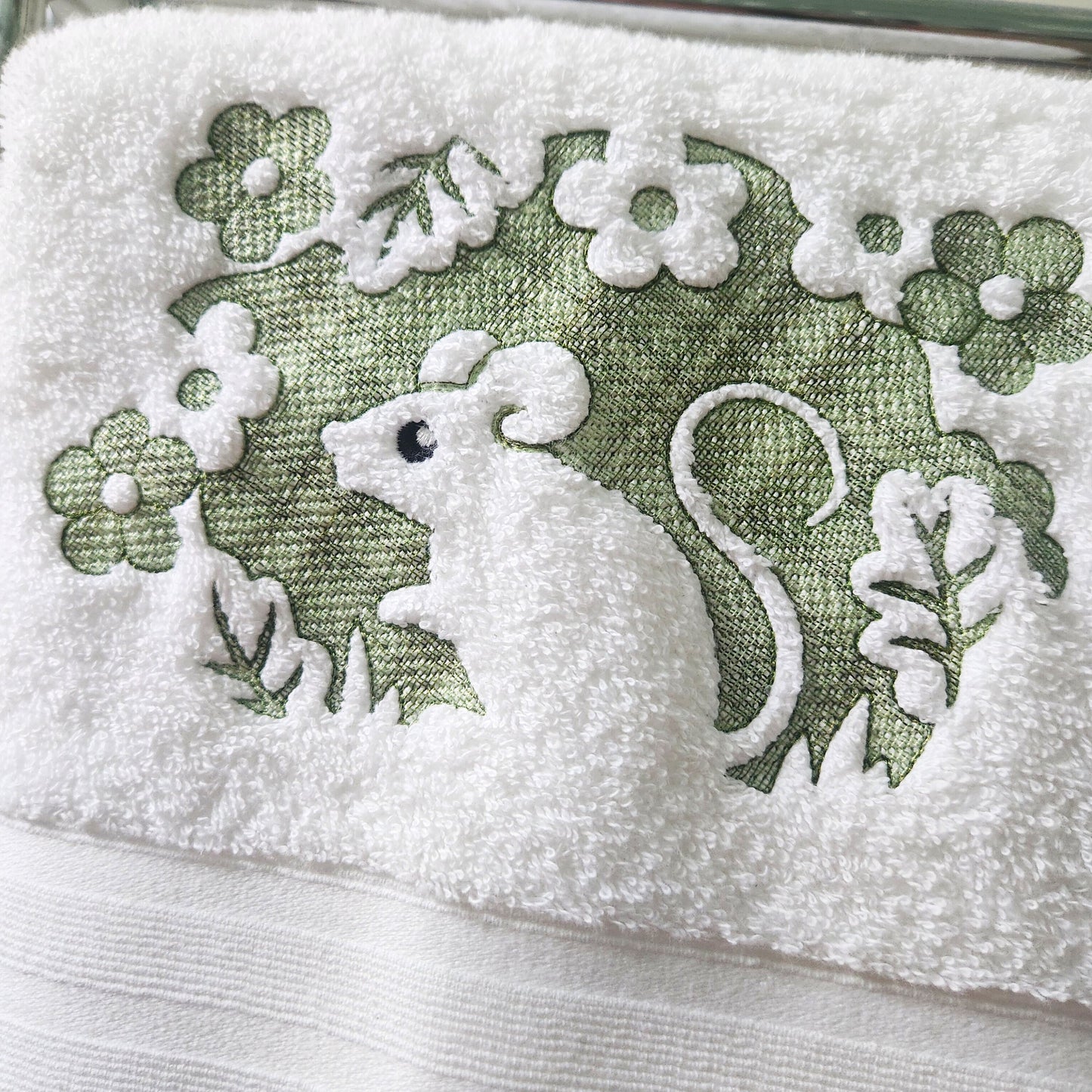 Mouse Embroidered Bath Towel Fall autumn flowers