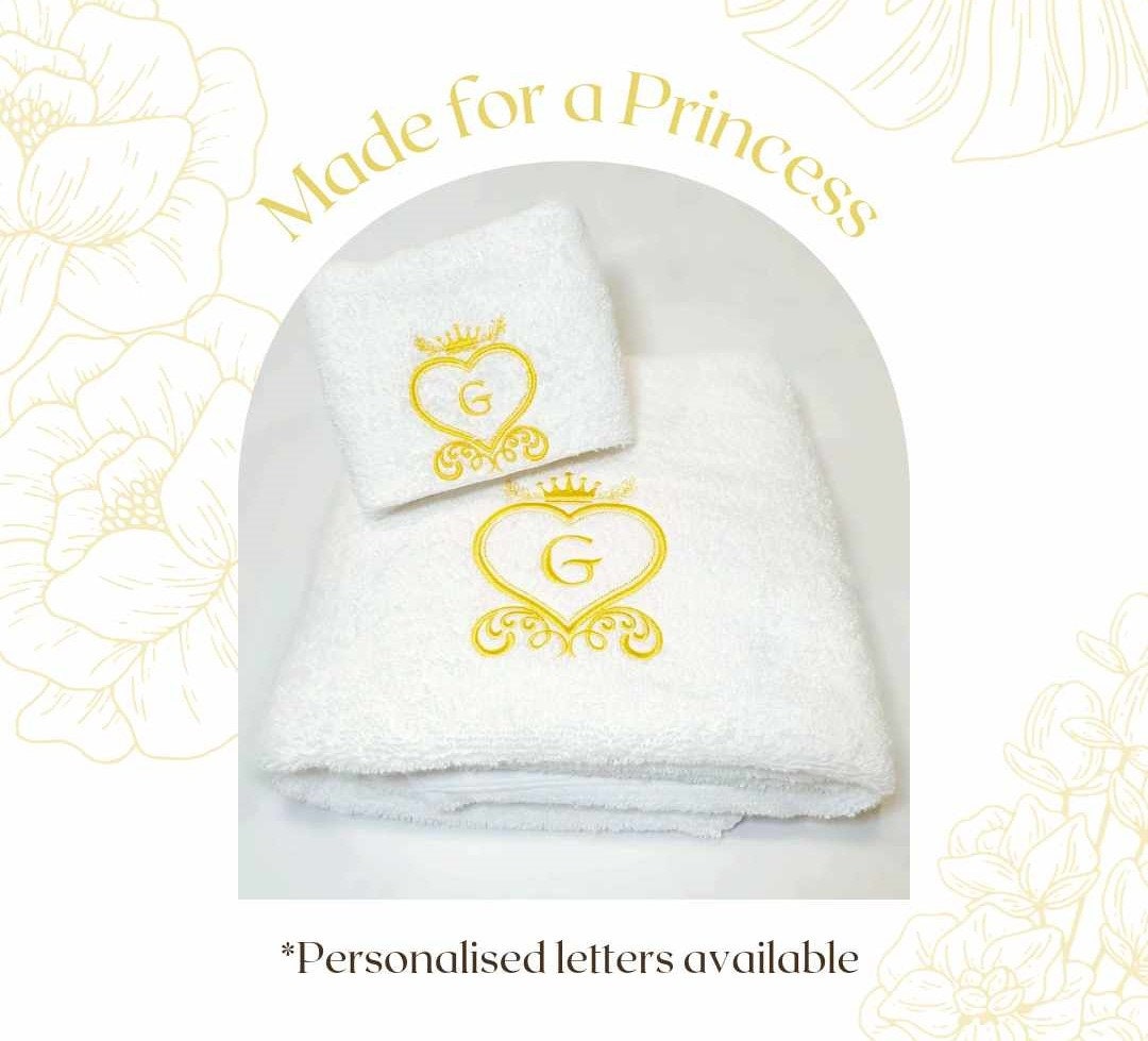 Monogram embroidered initial towel set baby shower gift present Gold heart