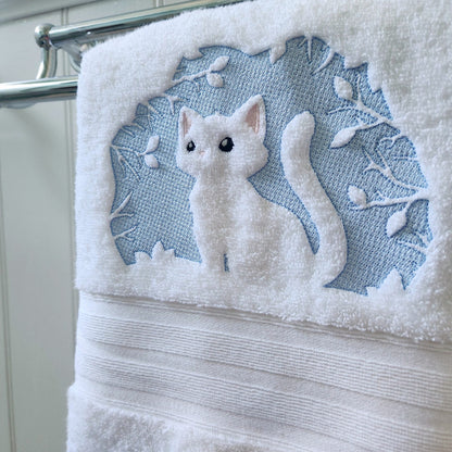 Cat Embroidered Bath Towel blue